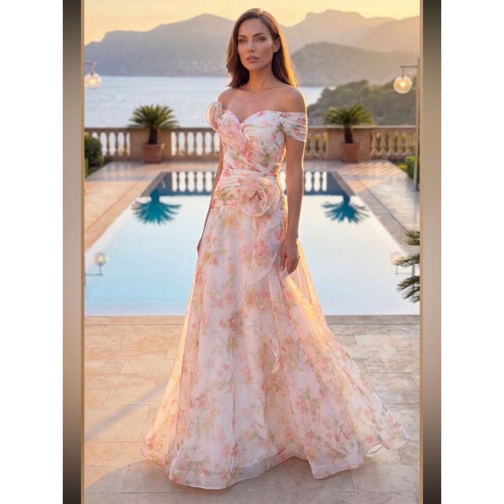 KOS COUTURE Off Shoulder Floral White Maxi Dress Ruffle Pleated Chiffon Sz 8 NWT